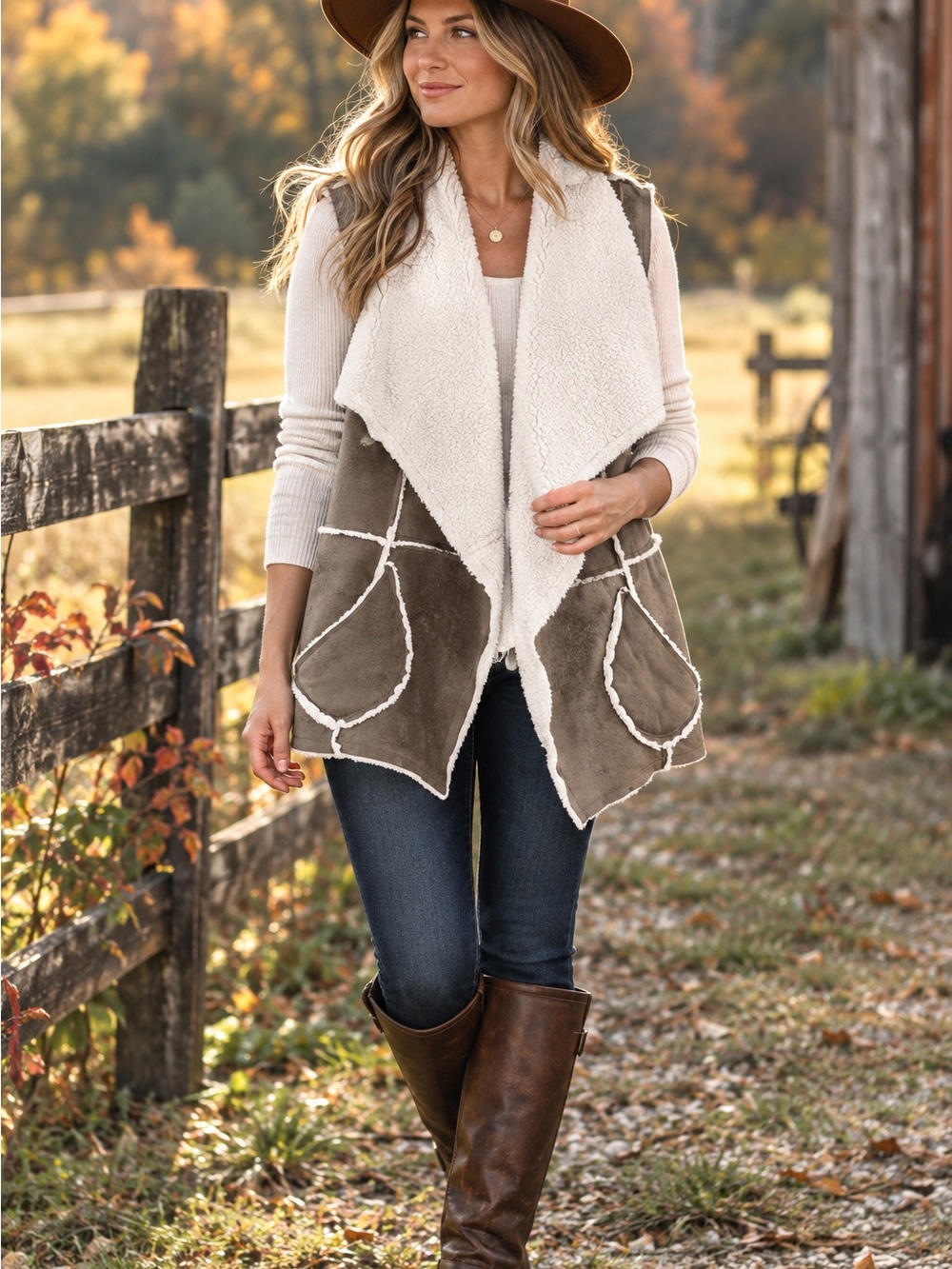 Caslon Petite M Reversible Faux Shearling Suede Draped Vest Taupe Ivory